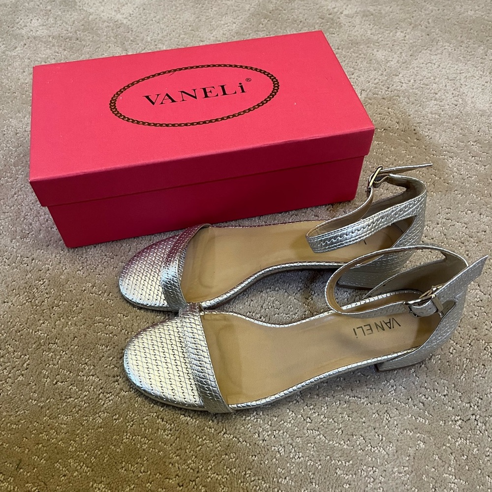 Vaneli Metallic Silver Heels with Ankle Strap